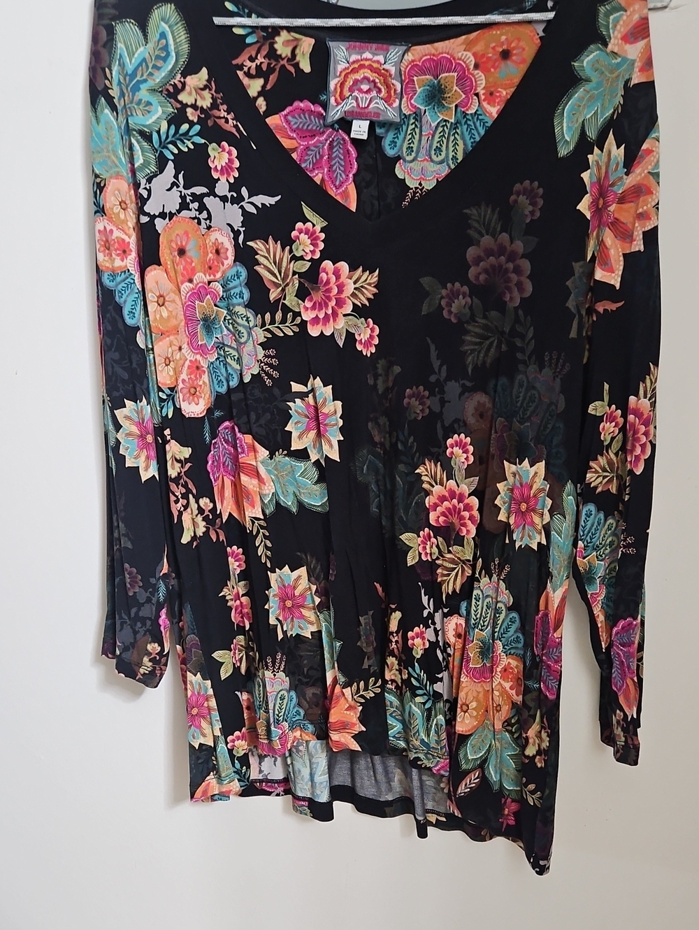 Johnny Was Black Floral V‑Neck Tunic with Multicolor Blooms